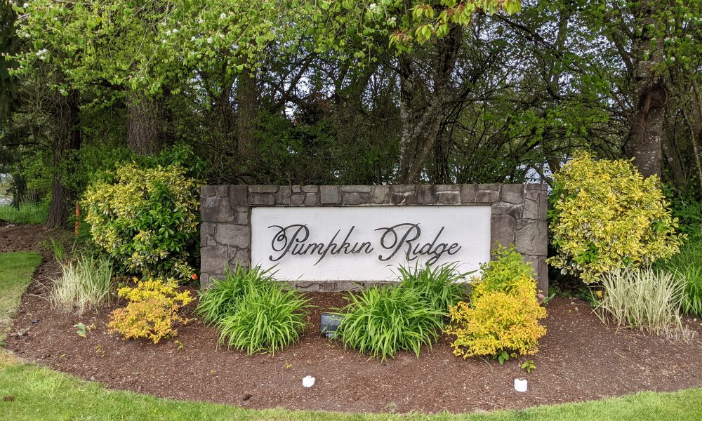 A sign surrounded by landscaping that reads "Pumpkin Ridge."